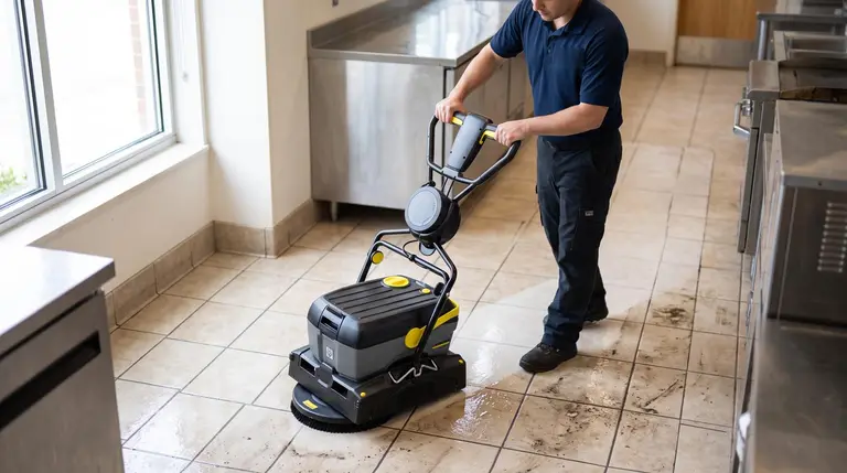 Technician scrubbing commercial kitchen floor tiles and grout